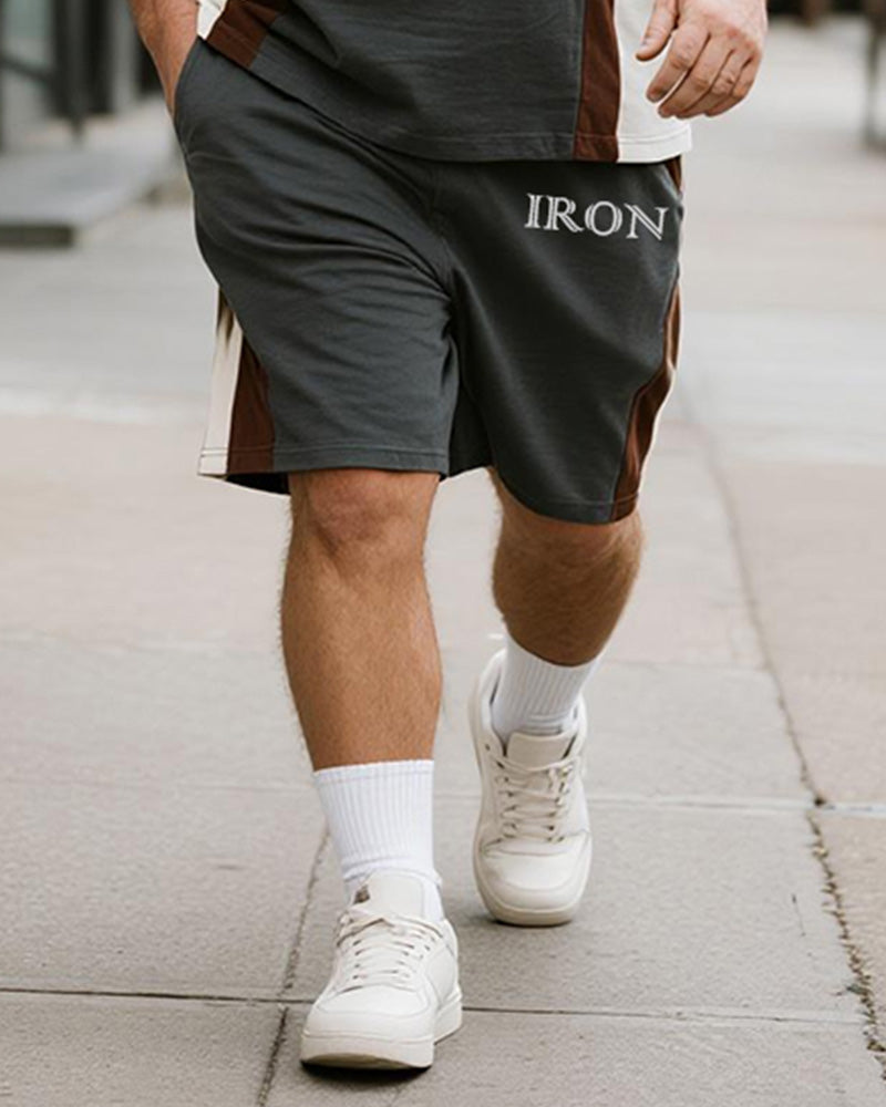 Big & Tall Men's Dark Gray IRON Alphabet Print Round Neck Short Sleeve T-Shirt Shorts Suit