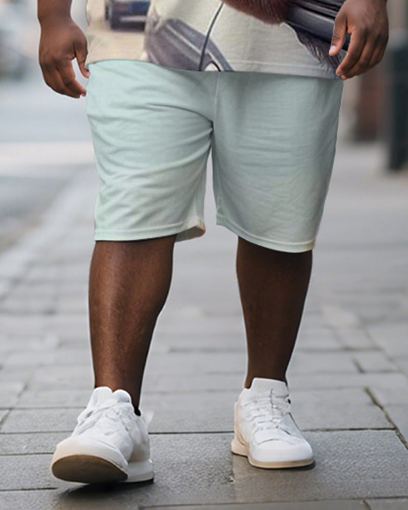 Men's Plus Size Blue Fun Cat Print Short Sleeve T-Shirt Shorts Suit