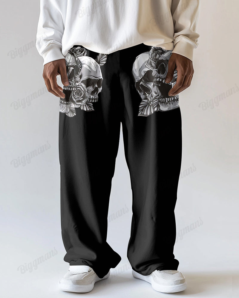 Skull Rose Pattern Men's Loose Big & Tall Straight Long Sweetpants