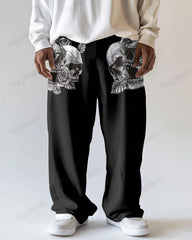 Skull Rose Pattern Men's Loose Big & Tall Straight Long Sweetpants