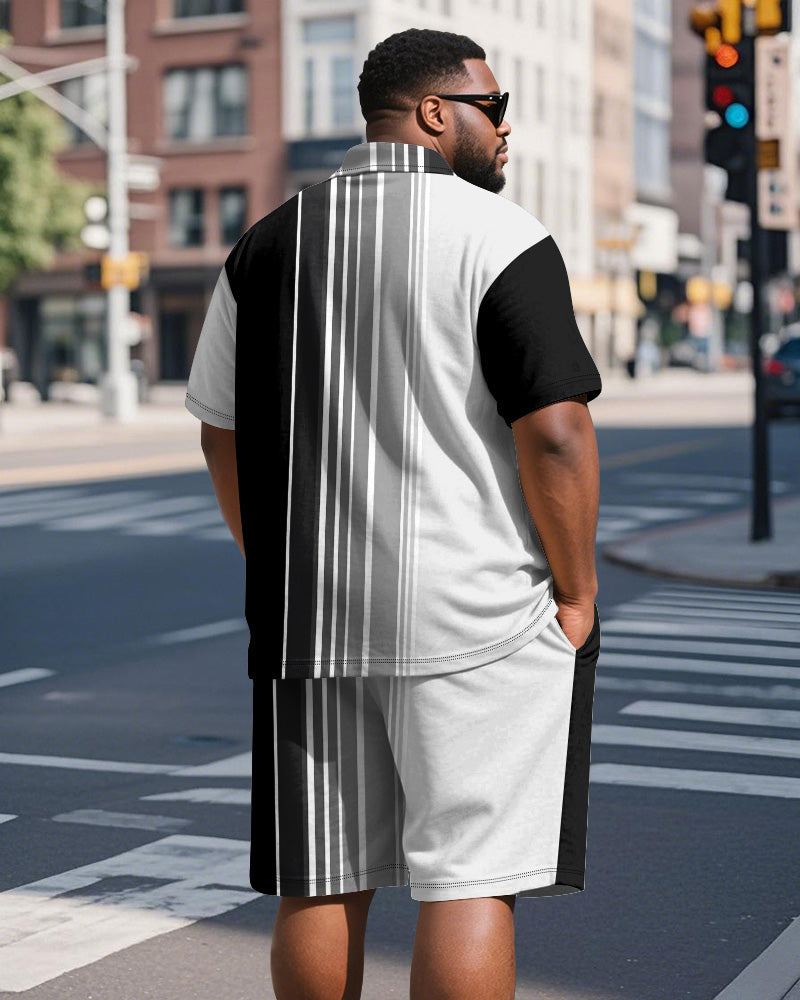 Men's Plus Size Business Black Gradient Stripe Print Short Sleeve Polo Shirt Shorts Suit