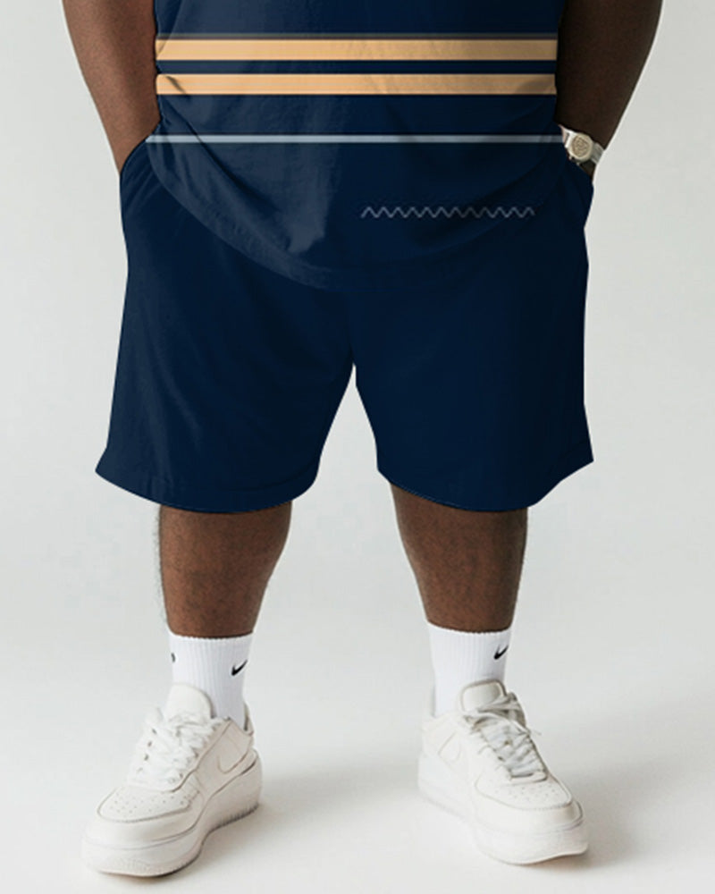 Men's Plus Size Casual Blue Stripe Print Short Sleeve T-Shirt Shorts Suit