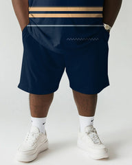 Men's Plus Size Casual Blue Stripe Print Short Sleeve T-Shirt Shorts Suit