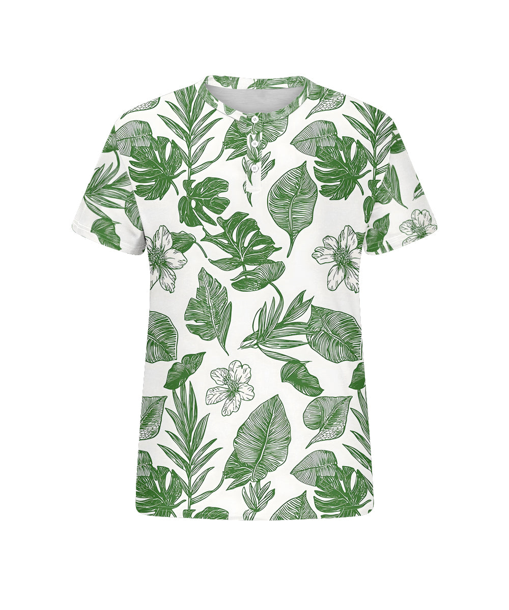 Men's Plus Size Hawaiian Green Leaf Floral Print Henley Collar Button Short Sleeve Tee