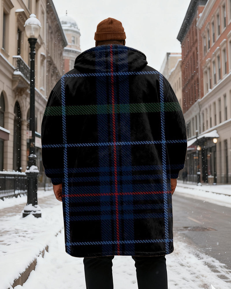 Big & Tall Men's Classic Geometric Plaid Printed Velvet Thickened Long Hooded Coat