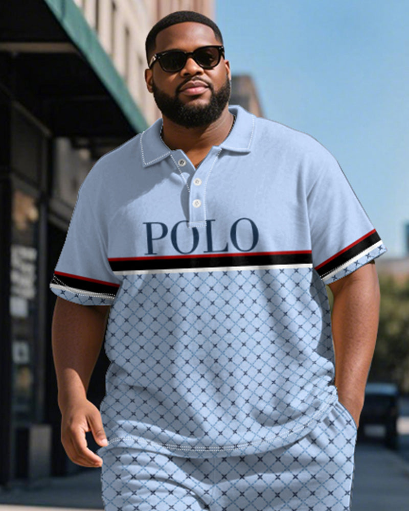 Men's Plus Size Daily Blue Patchwork Letter Print Short Sleeve Polo Shirt Shorts Suit