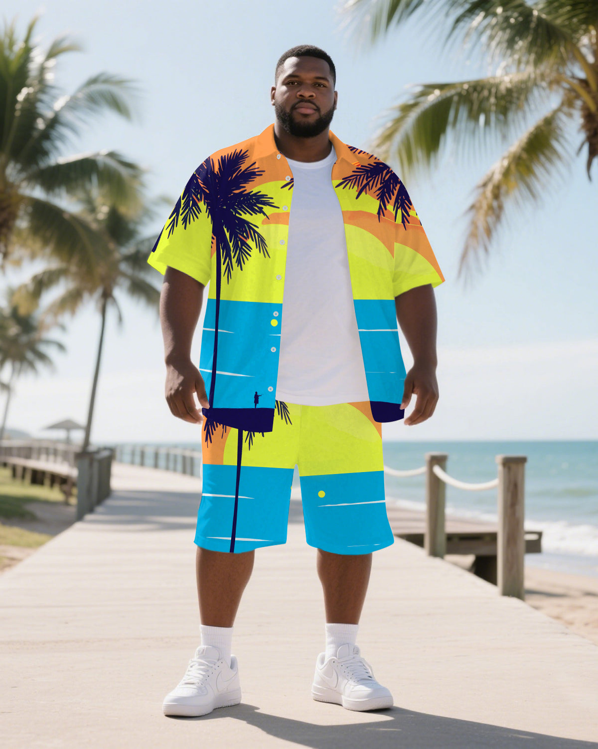 Big Men's Hawaii Theme Splicing Coconut Trees Comic Style Short Sleeve Shirt Shorts Suits