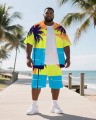 Big Men's Hawaii Theme Splicing Coconut Trees Comic Style Short Sleeve Shirt Shorts Suits