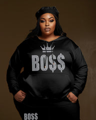 Women's Plus Size 2 Piece Outfits Crown Boss Hoodie and Sweatpants Set