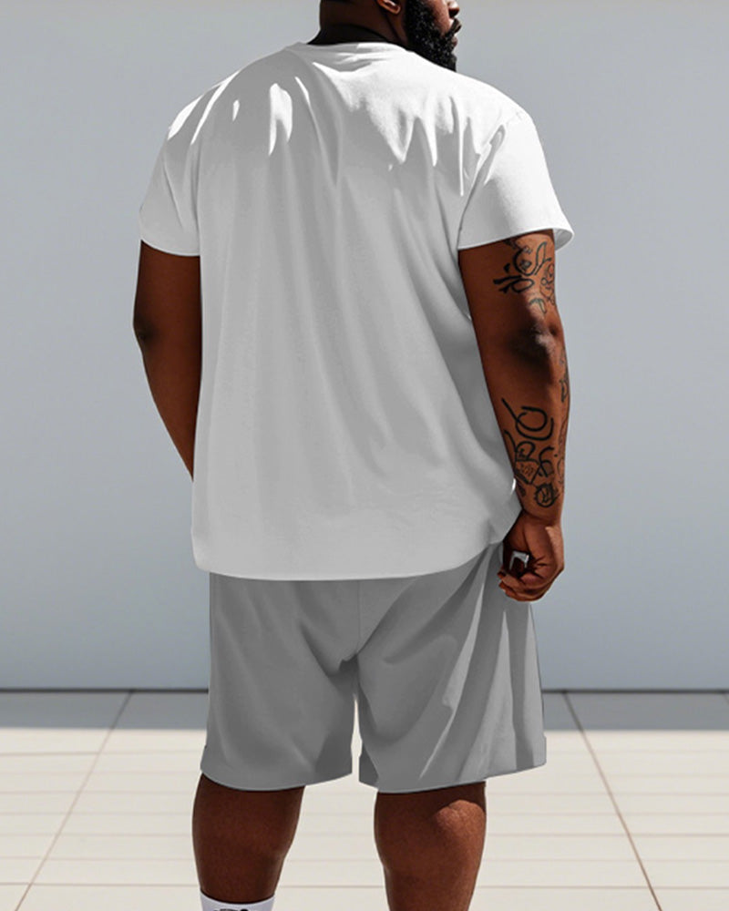 Men's Plus Size Light Gray Line Bear Print Short Sleeve T-shirt Shorts Suit