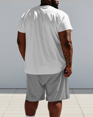 Men's Plus Size Light Gray Line Bear Print Short Sleeve T-shirt Shorts Suit