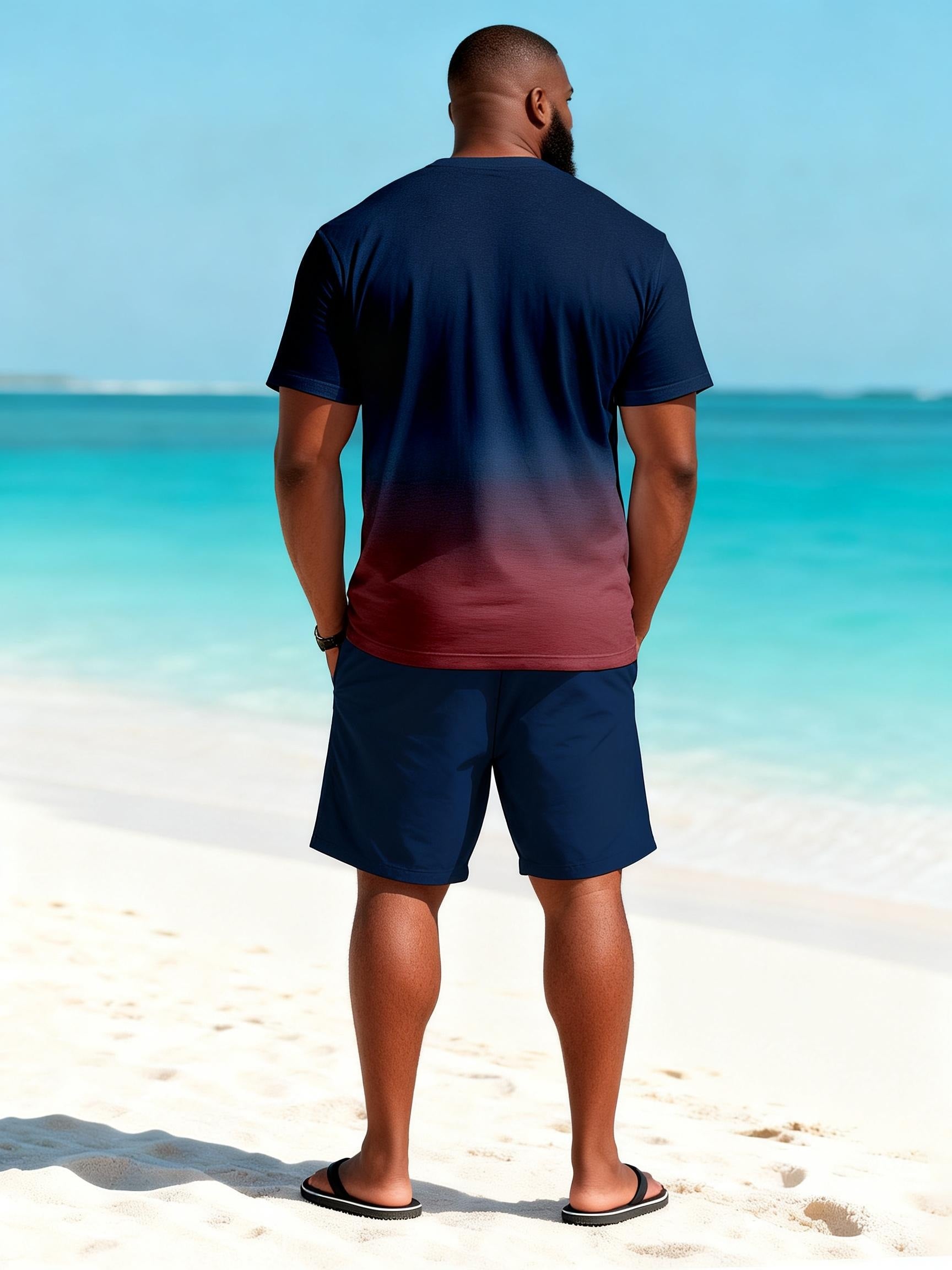 Big & Tall Men's Wine Red Gradient Coconut Printed Round Neck Short Sleeve T-shirt and Shorts Set