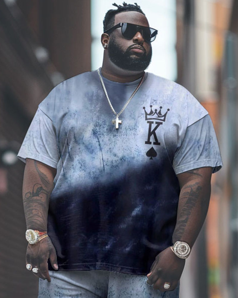 Big Men's Street Casual Tie Dye Contrast K Letter Print T-Shirt Trousers Set