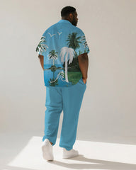 Big & Tall Men's Hawaiian Blue Sky Vintage Hand-painted Coconut Print Short-sleeved Shirt Pants Suit
