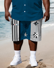 Big Men's Artistic Fashion Color Block Stripe & Starts Printed Casual Short Sleeve Shirt Shorts Set