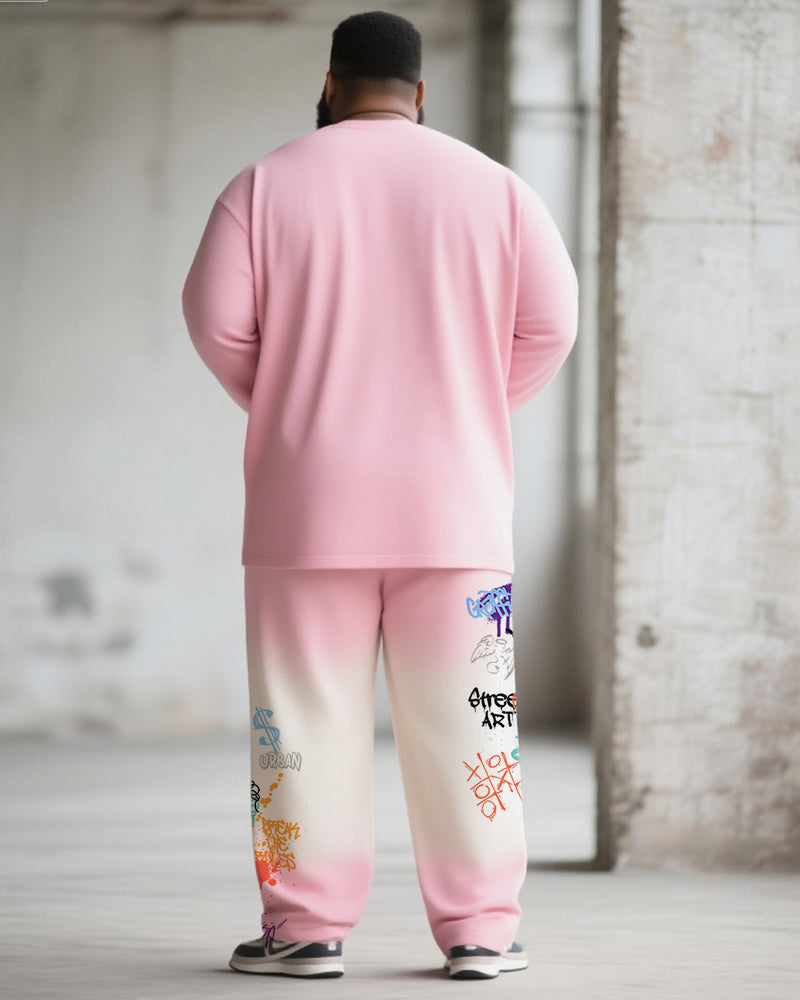 Big & Tall Men's Pink Gradient Graffiti Bear Print Long Sleeve T-Shirt Pants Suit