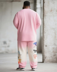 Big & Tall Men's Pink Gradient Graffiti Bear Print Long Sleeve T-Shirt Pants Suit
