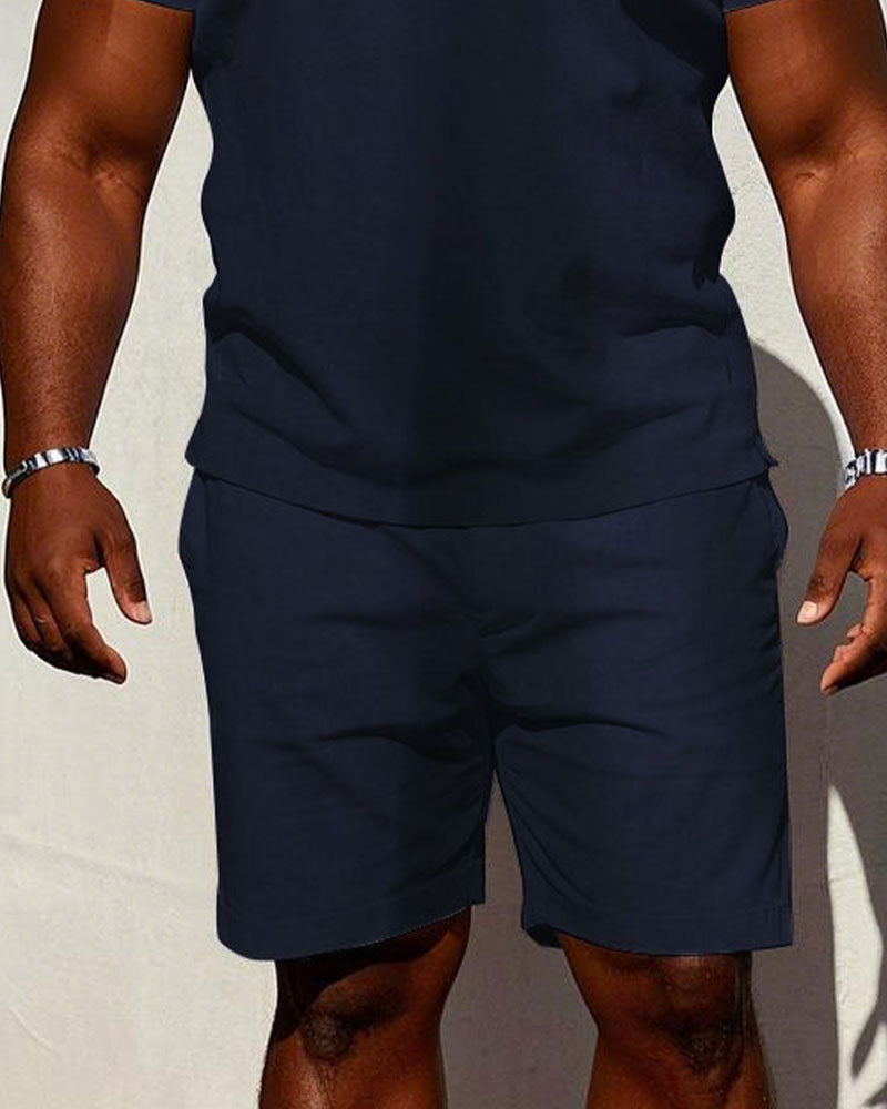 Royal Blue Boss Logo Printed Casual Short-sleeved POLO Shorts Set Big & Tall Men's