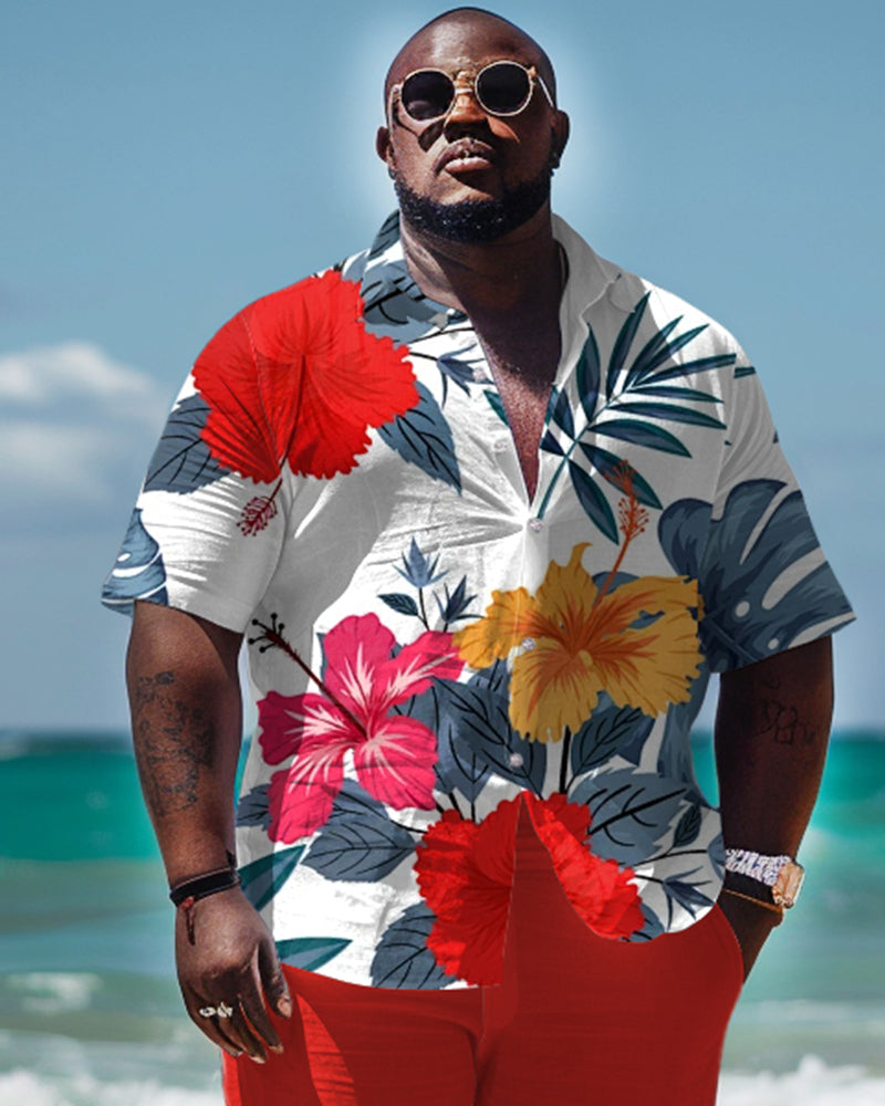 Men's Big & Tall Hawaiian Plant Print Short Sleeve Shirt Trousers Set