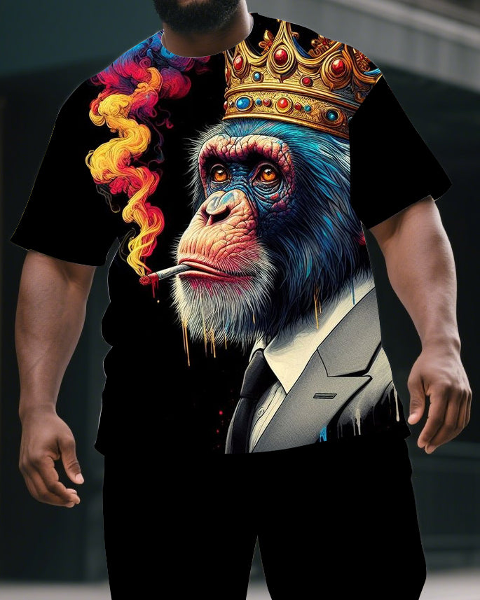Men's Artistic Gorillas with Crown Print Summer Big & Tall Short-Sleeve T-shirt & Short Set