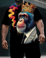 Men's Artistic Gorillas with Crown Print Summer Big & Tall Short-Sleeve T-shirt & Short Set