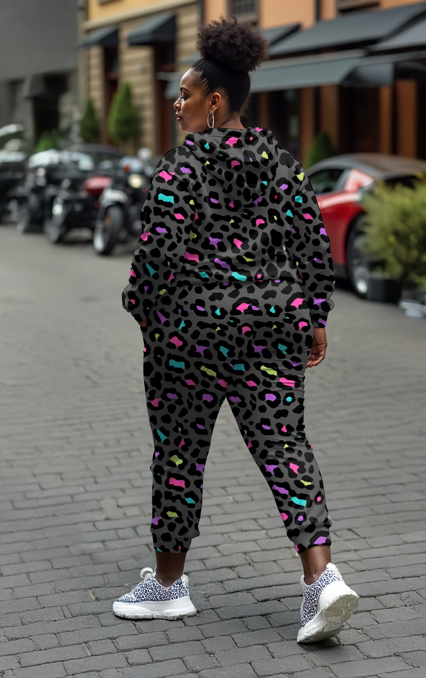 Women's Big and Tall Graffiti Colorful Leopard Print Hoodie Set