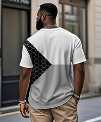 Men's Plus Size Daily Casual Black And White Grey Patchwork Geometric Print Henry Collar Button Short Sleeve T-Shirt