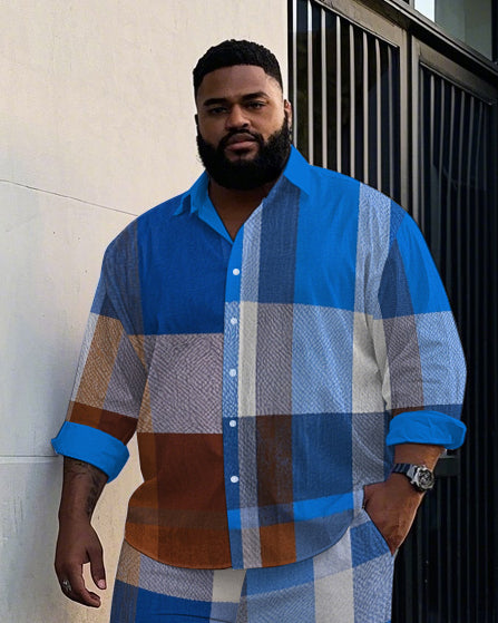 Men's Big Size Daily Casual Abstract Retro Blue Plaid Printed Long Sleeve Shirt Pants Set