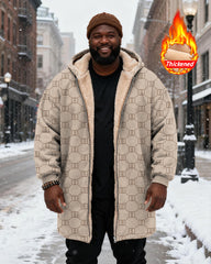 Big & Tall Men's Vintage Khachi Geometric Print Velvet Thickened Long Hooded Coat