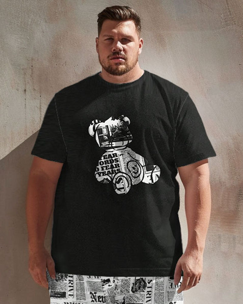 Men's Plus Size Street Casual Newspaper Bear Print T-Shirt Shorts Suit