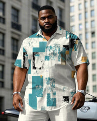 Men's Plus Size Business Apricot Distinctive Shedding Effect Printed Daily Casual Short Sleeve Shirt Trousers Suit