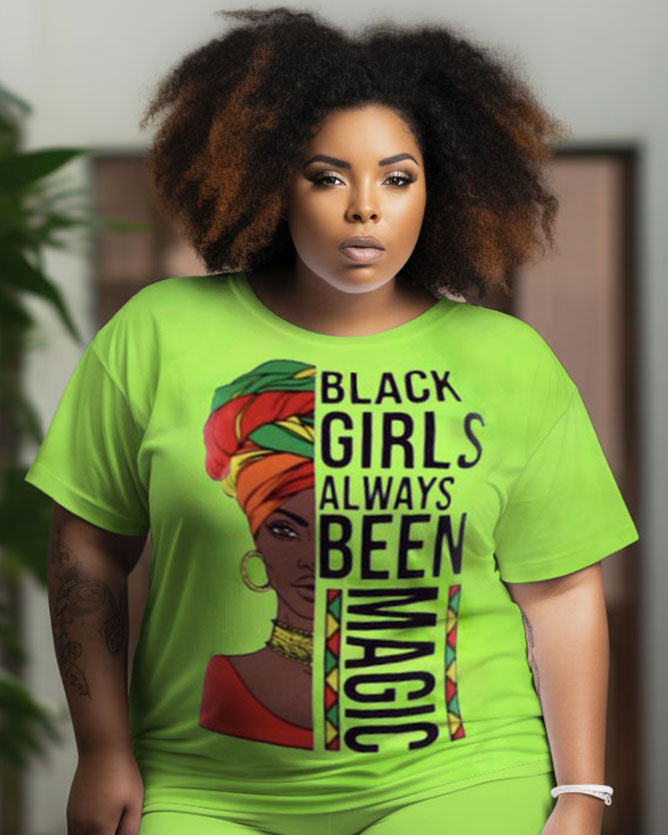 Women's Large Size Retro Casual Black Girls Graffiti Short Sleeve Shorts Suit