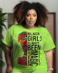 Women's Large Size Retro Casual Black Girls Graffiti Short Sleeve Shorts Suit