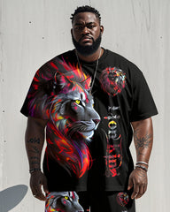 Men's Plus Size Street Red Lion Letter Print Short Sleeve T-Shirt Shorts Suit