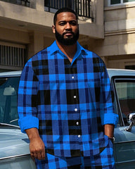 Big Men's Simple Classic Blue & Black Plaid Printed Daily Casual Long Sleeve Shirt Pants Set