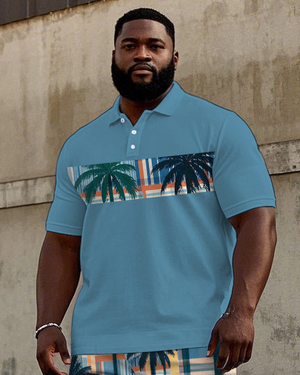 Big Men's Hawaiian Coconut Tree Geometric Pattern Printed Short Sleeve Polo Shirt Shorts Set