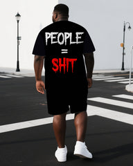 Men's Simple Punk Style People=Shit Back Lettering Big & Tall Casual Short-Sleeve T-shirt 2-Piece Set