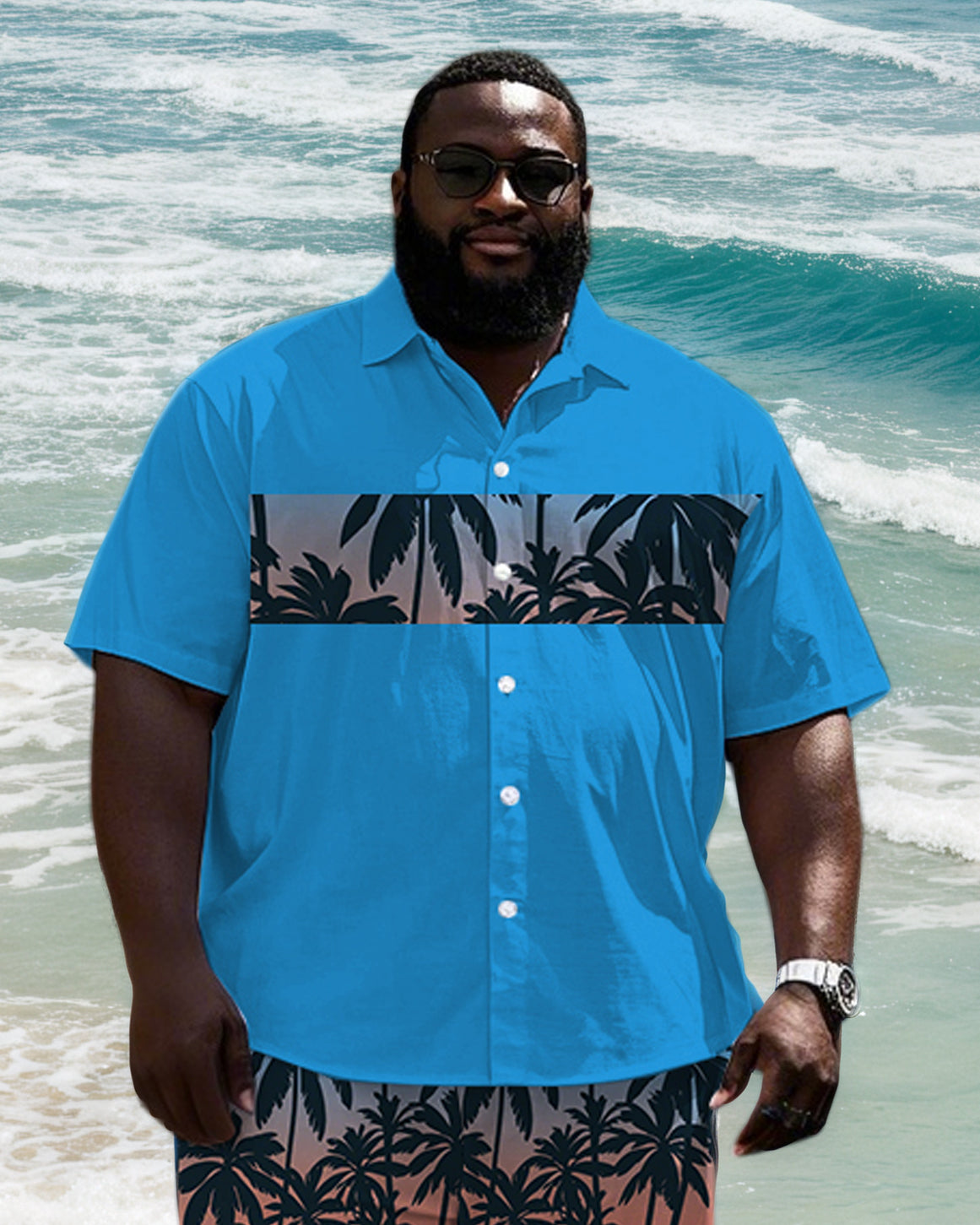 Big Men's Hawaiian Gradient Fashion Color Block Coconut Tree Printed Short Sleeve Shirt Shorts Set