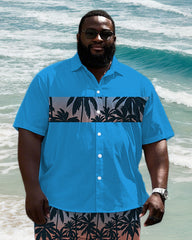 Big Men's Hawaiian Gradient Fashion Color Block Coconut Tree Printed Short Sleeve Shirt Shorts Set