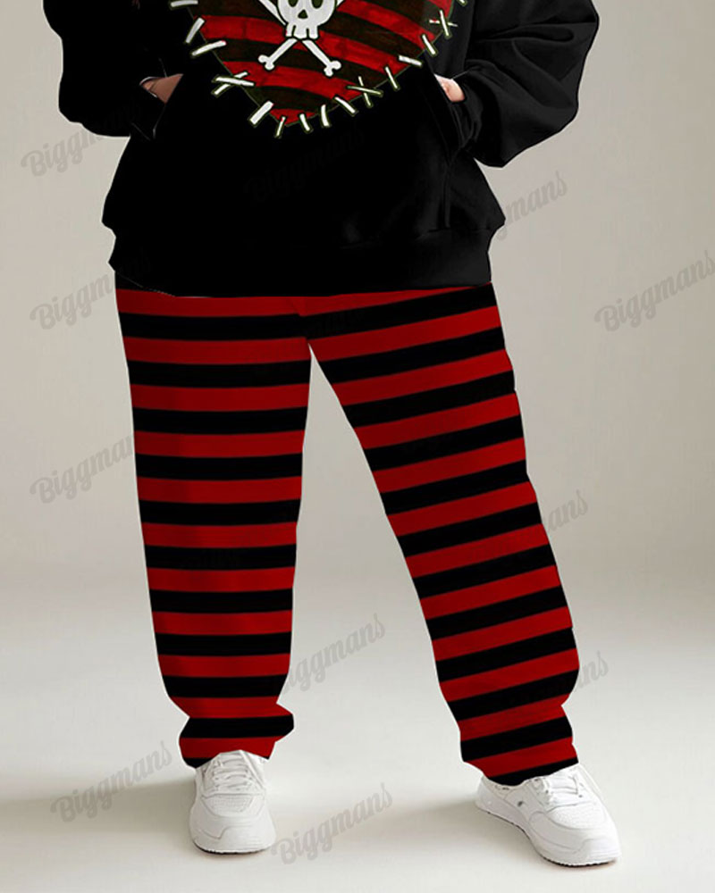 Women's Street Fashion Skull Heart Colorblock Striped Print Big and Tall Hoodie Set