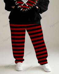 Women's Street Fashion Skull Heart Colorblock Striped Print Big and Tall Hoodie Set