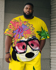 Big & Tall Men's Yellow Cartoon Dog Graffiti Print Round Neck Short Sleeve T-Shirt Shorts Suit