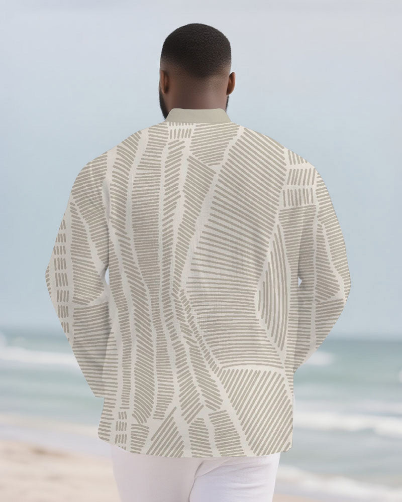 Big & Tall Men's Light Gray Leaf Print Bamboo Hemp Texture Henry Collar Long Sleeve Shirt