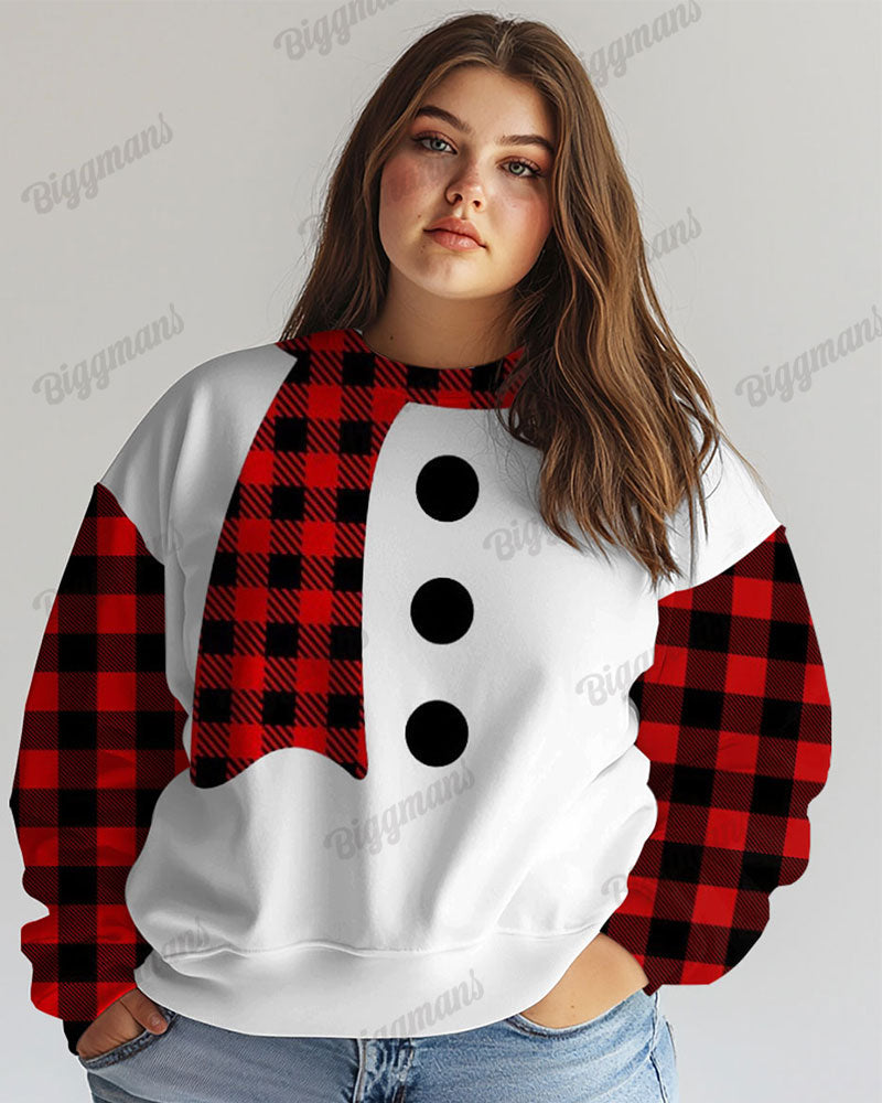Plus Size Funny Christmas Plaid Print Casual Long Sleeve Sweatshirt
