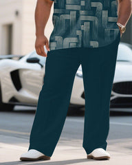 Men's Plus Size Green Business Irregular Linear Short Sleeve Shirt Pants Suit