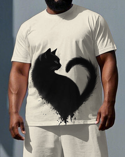 Big & Tall Men's Romantic Cat with Heart Print Casual Short-Sleeve T-shirt 2-Piece Set