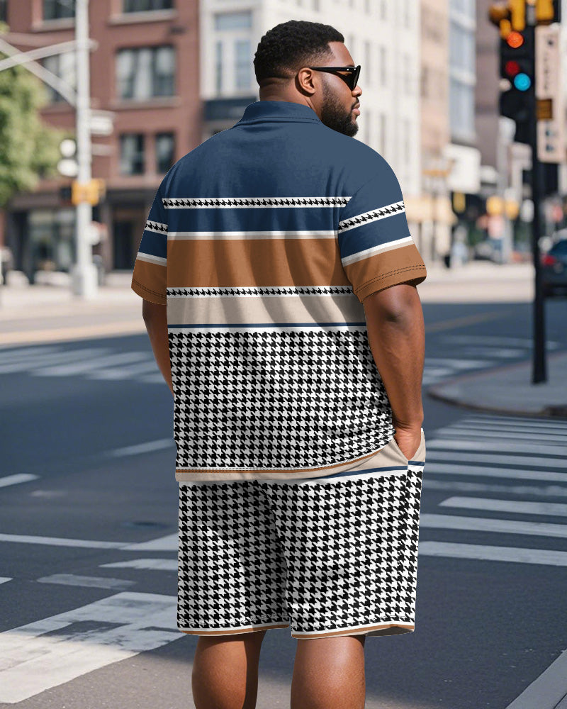 Men's Plus Size Daily Blue Houndstooth Patchwork Letter Print Short Sleeve Polo Shirt Shorts Suit