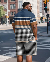 Men's Plus Size Daily Blue Houndstooth Patchwork Letter Print Short Sleeve Polo Shirt Shorts Suit