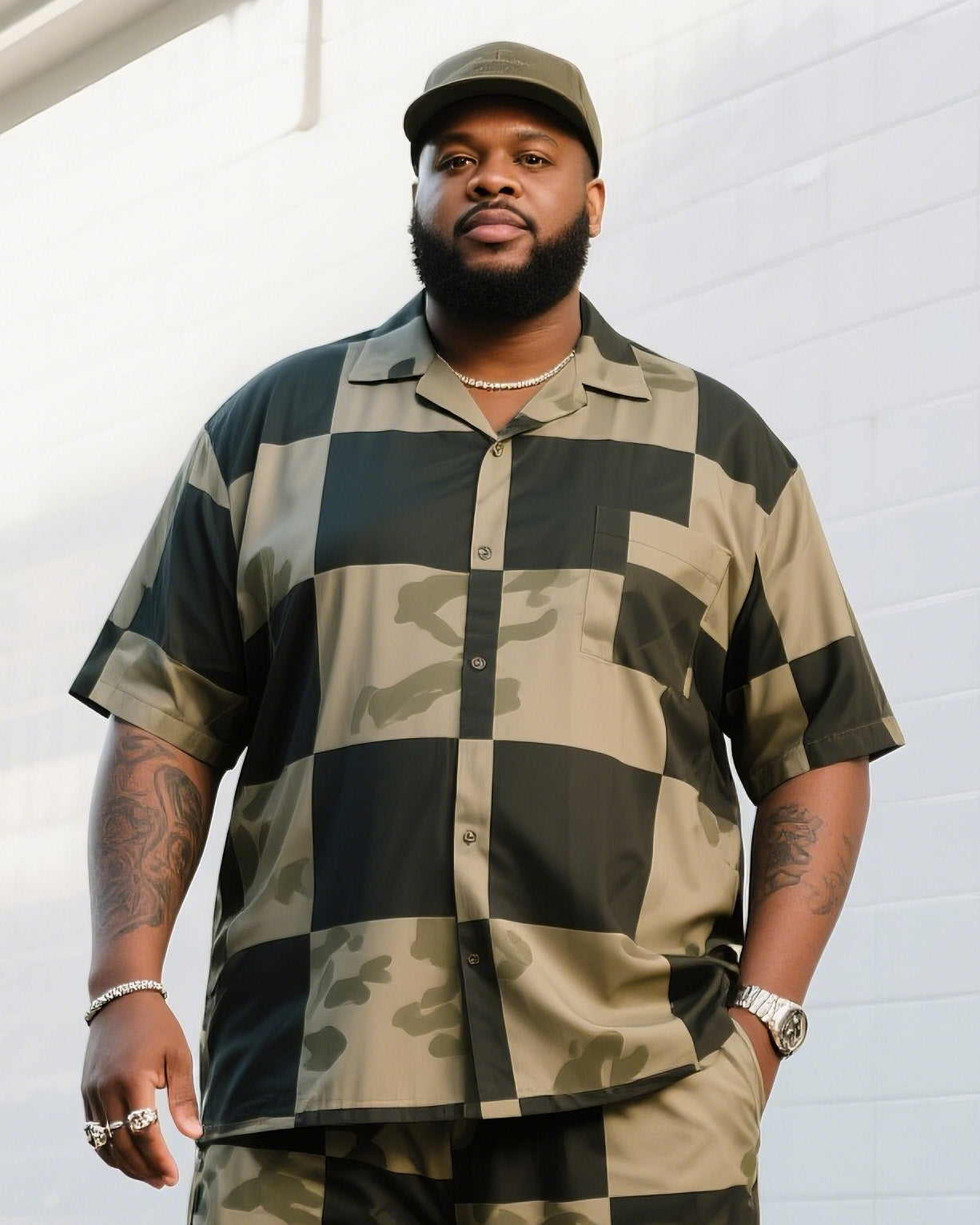 Big Man's Daily Casual Big Block Puzzle Creative Camouflage Short Sleeve Shirt Shorts Suit
