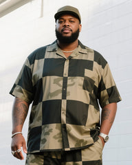 Big Man's Daily Casual Big Block Puzzle Creative Camouflage Short Sleeve Shirt Shorts Suit